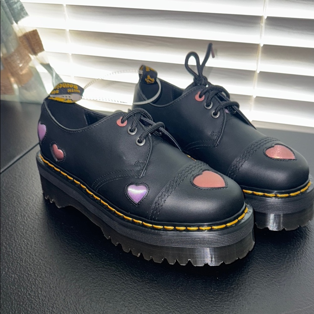 Dr. Martens Black Platform Oxfords with Pink Heart Accents - Picture 15 of 16